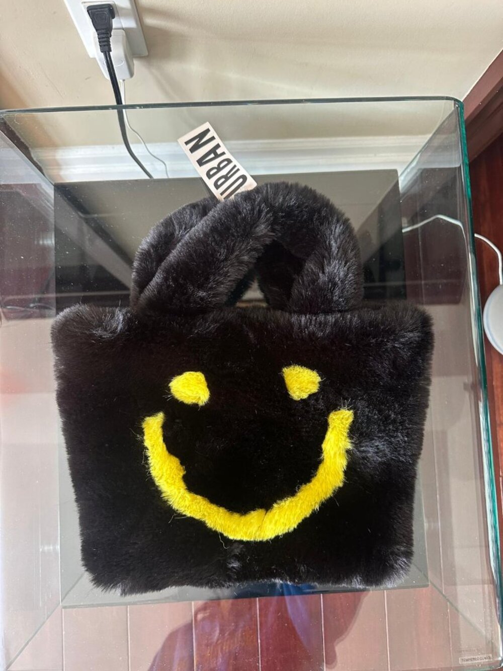 NWT URBAN OUTFITTERS Black Faux Fur Smiley Face Tote Bag | Plush Top Handle